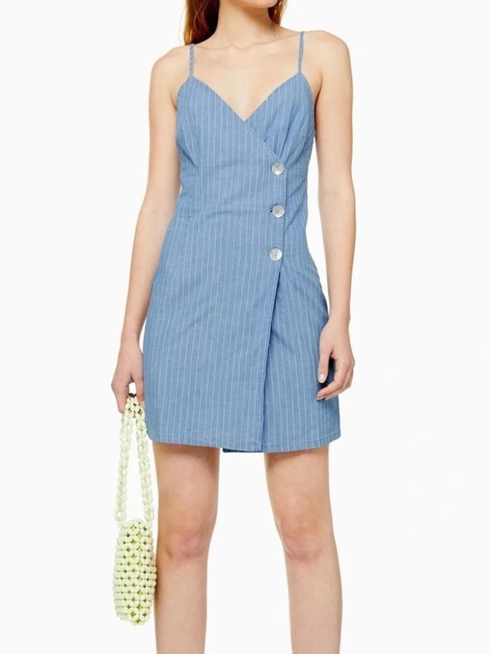 Topshop Chambray Denim Stripe Wrap Mini Dress, Size 6